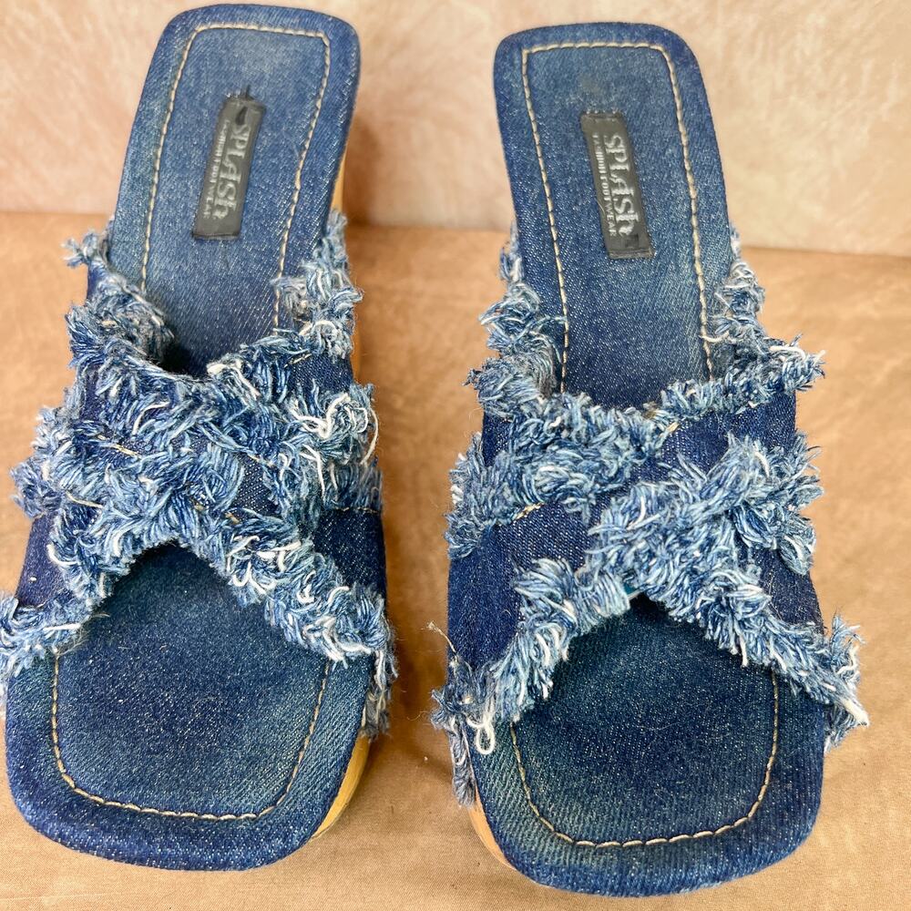 Vintage Y2K Splash Denim Fringe Wedge Platform Sandals High Heels 90s Studded - Picture 3 of 11
